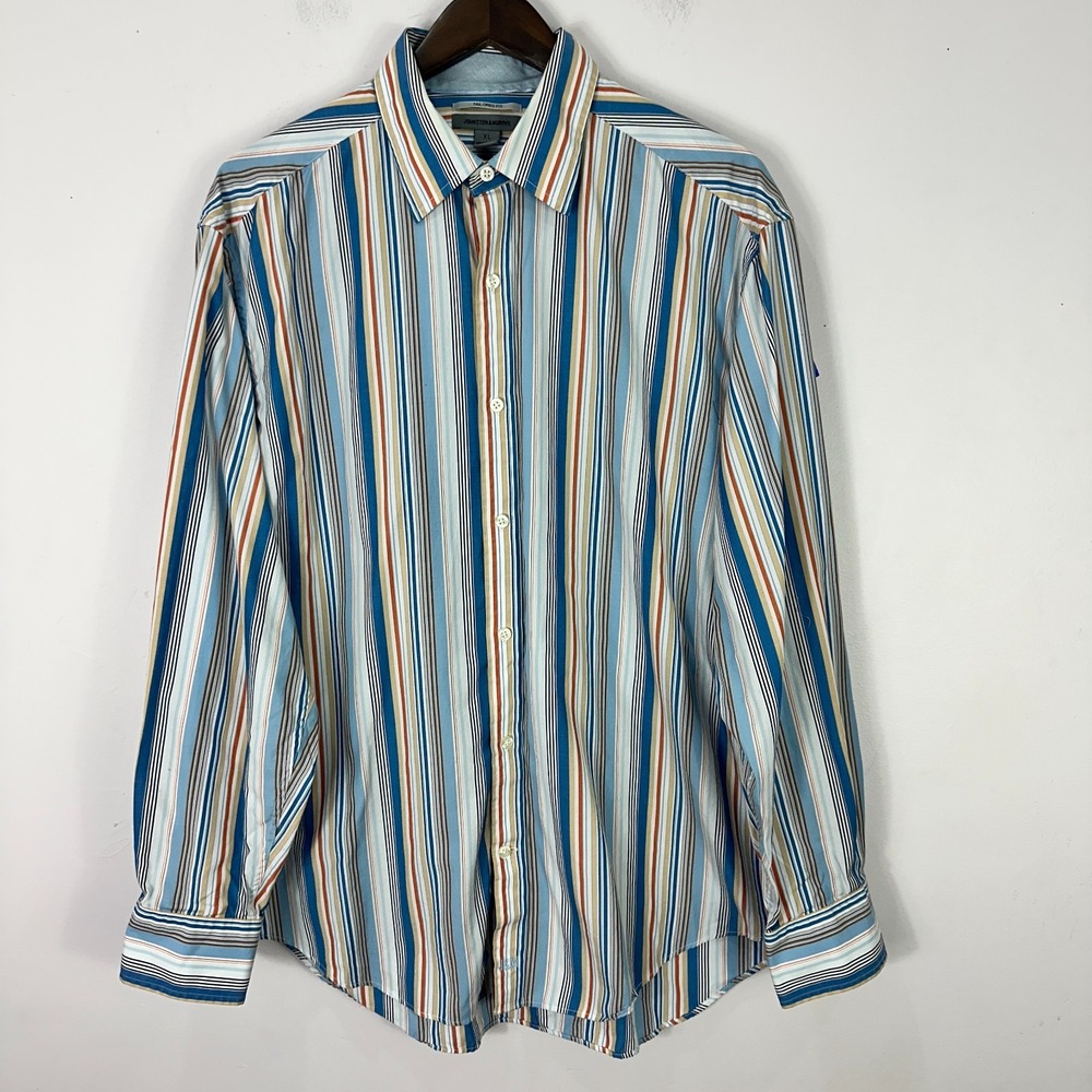 Johnston & Murphy Tailored Fit XL‎ Blue Stripe Button Up Shirt Cotton Preppy